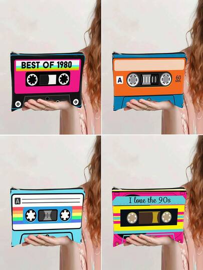 1 Vintage Cassette Tape Makeup Bag, Retro Colorful Portable Toiletry Bag, Women's Cosmetic Storage Clutch.
