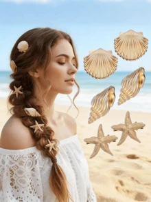 4 件装女士树脂海星贝壳仿珍珠装饰发夹，简约优雅侧刘海发夹，甜美可爱浪漫百搭发饰，适合日常使用、海滩旅行 - 查看 9