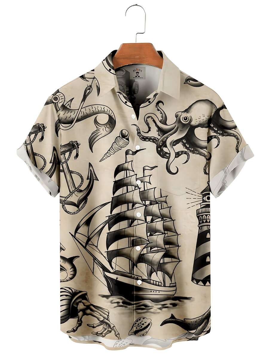 Summer Funny Hawaiian Shirts Men Clothes Street Retro Man Casual Short Sleeve Top Sea Marine Animals 3d Lapel Men's Shirt - A508D-AL23018 - 查看 1