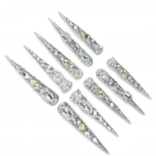 Handmade Luxury Extra Long Stiletto Press On Nails, Artisan Design, Dense Rhinestone Details, Multi-Shaped Gem, Gold Accents, High-Gloss Finish, Salon-Quality Reusable, Ideal Gift For Luxury Style Enthusiasts Summer Easter - Bạc - Xem 9