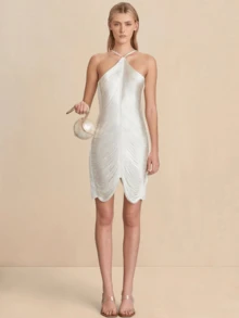 Women  Fringe Halter Mini Dress Sleeveless Backless Bodycon Tassel Dress Y2k Cocktail Party Short Dress - White - View 4
