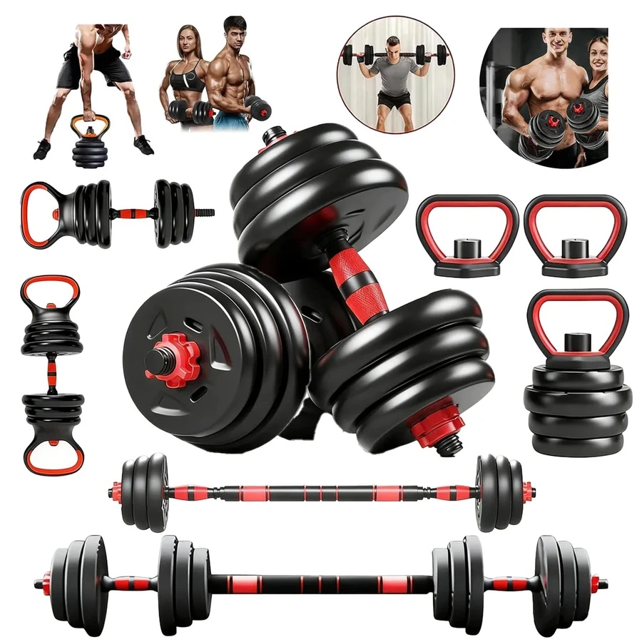 Adjustable Dumbbells 20kg Exercise Weight Kit | Dumbbell Set With Connecting Bar And Kettlebell For Home Gym Training - Black - View 1