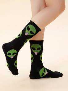 2双外星飞船印花中筒袜，可个性化定制，透气舒适 - 黑色 - 查看 4