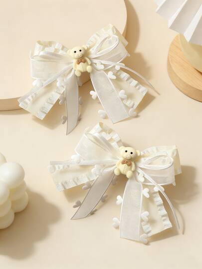 2 piezas Pinzas para el cabello con lazo de encaje blanco con diseño de oso lindo, pasadores con forma de corazón, accesorios para el cabello dulces para adolescentes, decoración para peinados de novia