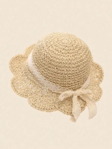 1pc Baby Girl 1-2Y Spring/Summer Sun Protection Handwoven Straw Hat With Drawstring - Bow-beige - View 4