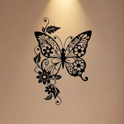 2D平面精美黑色亚克力蝴蝶花墙饰 - 客厅家居装饰，完美适用于客厅、卧室、书房或户外空间！节日礼物，适合11个节日