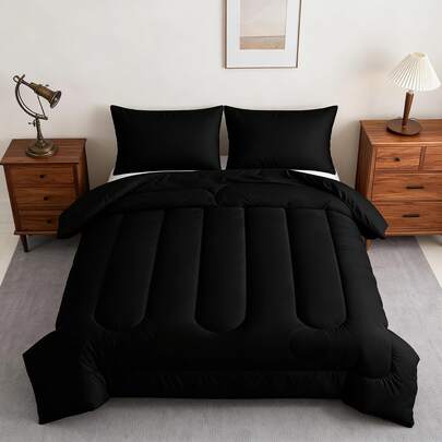 Bộ chăn ga gối 3 món màu đen trơn không họa tiết (1 chăn bông 200gsm + 2 vỏ gối, không bao gồm ruột chăn), chăn dùng được cả bốn mùa, mềm mại, thoải mái và thoáng khí, in kỹ thuật số, lý tưởng cho phòng ngủ, ký túc xá và sử dụng trong gia đình.