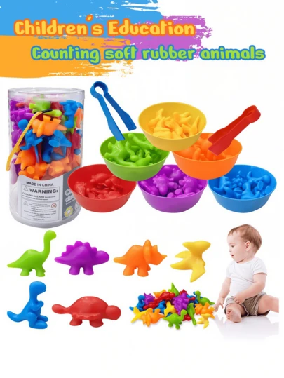 1 Set Children's Educational Counting Soft Rubber Animal Montessori Early Learning Cognitive Toys, Animal Counting Preschool Learning Toy Set With Color Matching And Sorting Bowls, Suitable For 3-6 Years Old Preschool Math Skills Development And Sensory Play, Great Gift (Random Packaging Color)