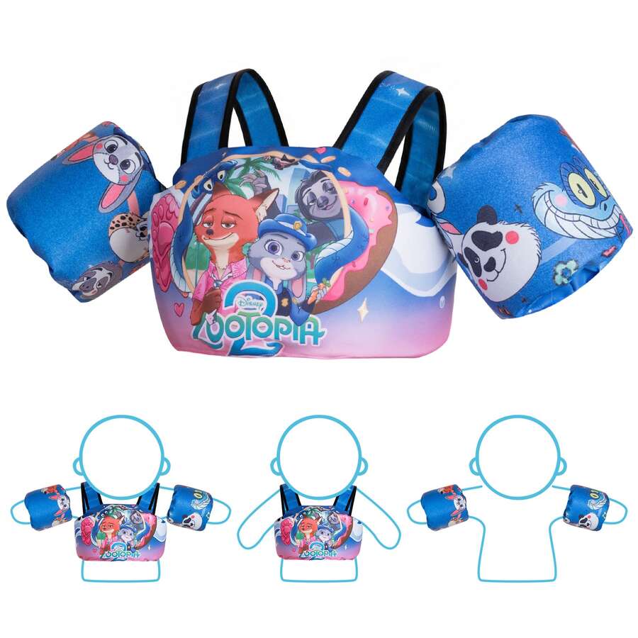 Disney Toddler Swim Vest, 3-In-1 Adjustable Toddler Floaties Kids 2-7 Years (22-66 Lbs), Detachable Pool Float & Arm Bands, Puddle Jumper Style For Pool, Beach, Swimming
