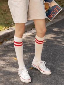 1双纯色条纹过膝运动袜，女士长筒网球袜，适合户外运动、跑步、徒步、网球、高尔夫和日常穿着，日韩风格学生长袜，运动袜 - 彩色 - 查看 5