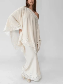 Women's Off One Shoulder Tops Elegant Solid Color Lace Trim Long Sleeve Loose Fit Satin Blouse For Casual Daily Wear - 白色 - 查看 9
