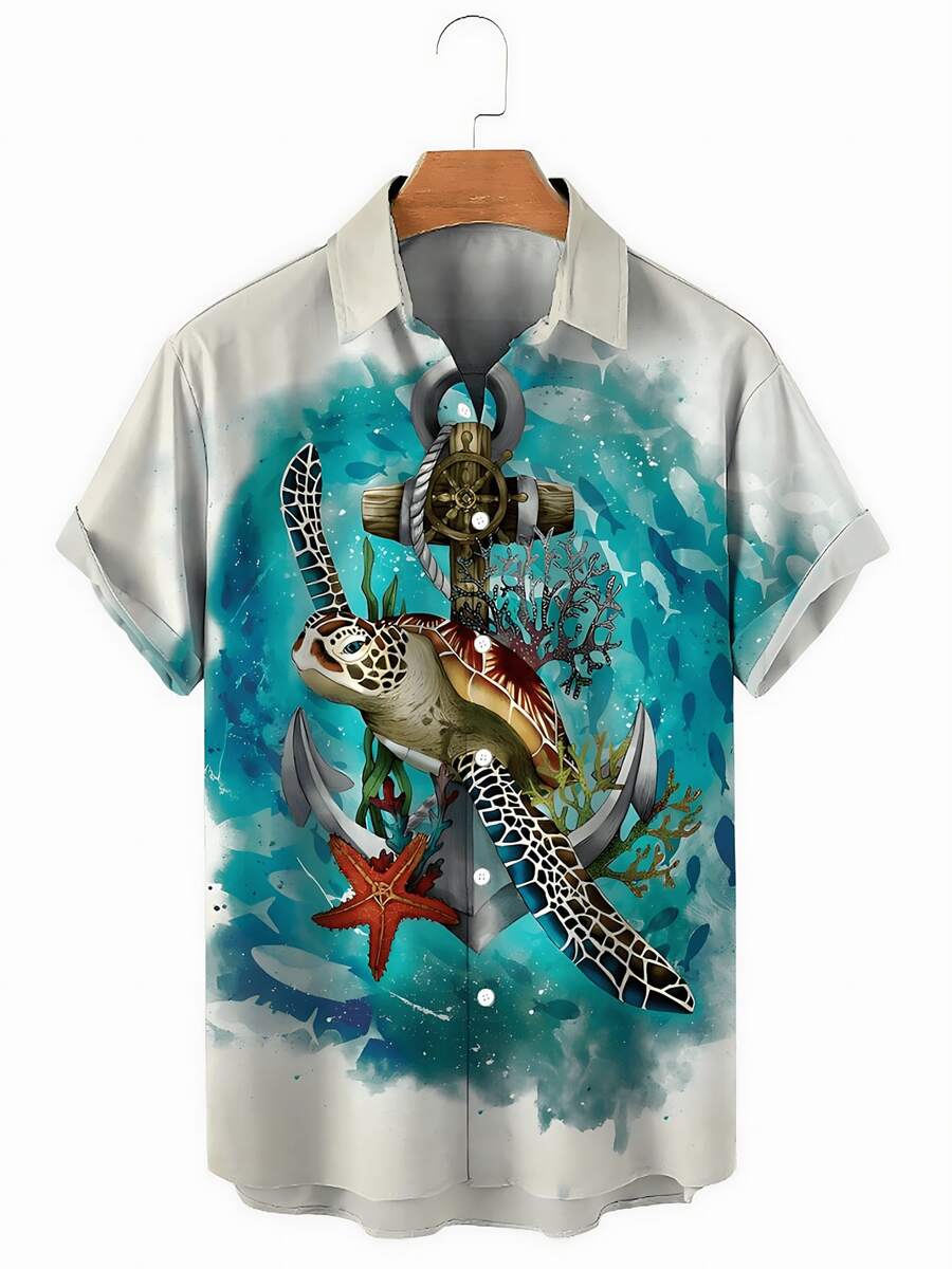 Summer Funny Hawaiian Shirts Men Clothes Street Retro Man Casual Short Sleeve Top Sea Marine Animals 3d Lapel Men's Shirt - A508D-AL23015 - 查看 1