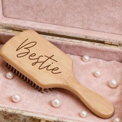 1 Pc Bestie Air Cushion Comb, Laser Engraved Wooden Bamboo Hair Brush, Square Paddle Brush For Scalp Massage And Hair Combing, Perfect Gift Ideal For Birthday, Party Decorations, And Other Thank You Occasions