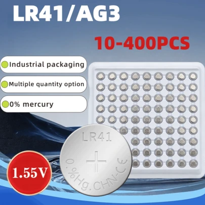 10-400颗LR41 AG3高容量工业包装AG3 L736 392 384 192碱性电池优质1.5V纽扣电池，适用于医疗设备