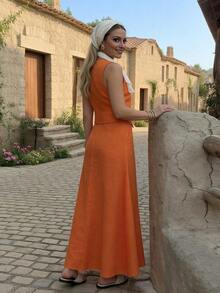 Damen Baumwolle Leinen V-Ausschnitt Lässig Urlaub Weste Top und Rock Set, Frühling/Sommer Outfit - Weste Top & ausgestellter Rock Lässig Set, Neues Frühling/Sommer Sexy V-Ausschnitt Elegantes Weste Top und Slim Fit Maxi Rock Set - Orange - Übersicht 6