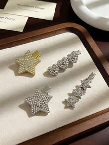 两件套优雅水钻星星发夹，可爱镶钻侧夹，心形发夹，Y2K风格刘海夹，锌合金发饰 - 彩色 - 查看 3