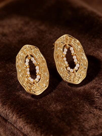 一对简约几何仿珍珠耳环，波西米亚风镂空椭圆耳环，适合日常佩戴、度假、婚礼、派对等场合，也是斋月、周年纪念日、情人节、圣诞节的贴心礼物。