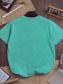 Oversized Washed Gray Short Sleeve Tee, Loose Fit Vintage Streetwear Style, Basic Summer - Green - View 7