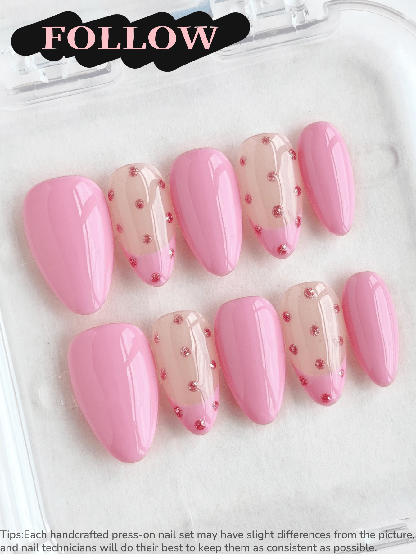10片手工亚克力美甲贴片，短款美甲贴片，杏仁形美甲，粉色美甲，甜美柔和，法式美甲，波点美甲，闪粉美甲，可爱美甲，价格实惠，美甲用品，可重复使用美甲套装，含美甲工具，适合日常通勤、派对和办公场合送礼