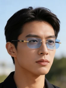 1 Pair Men's Fashionable Black Small Frame Rimless Glasses, Very Y2K, Elegant, Versatile, Suitable For Beach, Driving, Travel, Summer - Multicolor - View 5