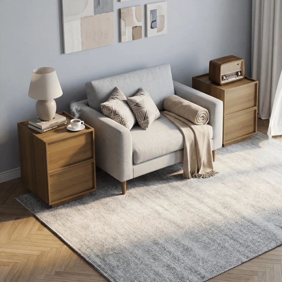 Modern Oak Bedside Table In Medieval Style, 38 X 48 X 50 Cm, Ideal For The Bedroom, With Handleless Drawers, 2 Pieces. - Oak + Medium Density Fiberboard + Particleboard - View 1