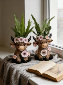 Resin Highland Cow Planter And Pen Holder - Cute Animal Desktop Storage, Mini Succulent Planter And Pen Cup, Suitable For Home, Office, Desk And Patio - Ideal Housewarming And Plant Lover Gift (A) - Multiple Styles - View 1