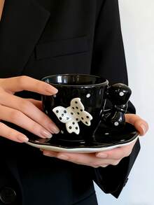 一套3D蝴蝶黑色波点陶瓷杯碟，高端小众波点蝴蝶咖啡杯，小众甜点盘，早餐牛奶杯，咖啡杯碟套装，送友礼物，适合居家、餐厅、咖啡馆、甜品店、礼品、聚会、派对等场合 - 黑色 - 查看 12