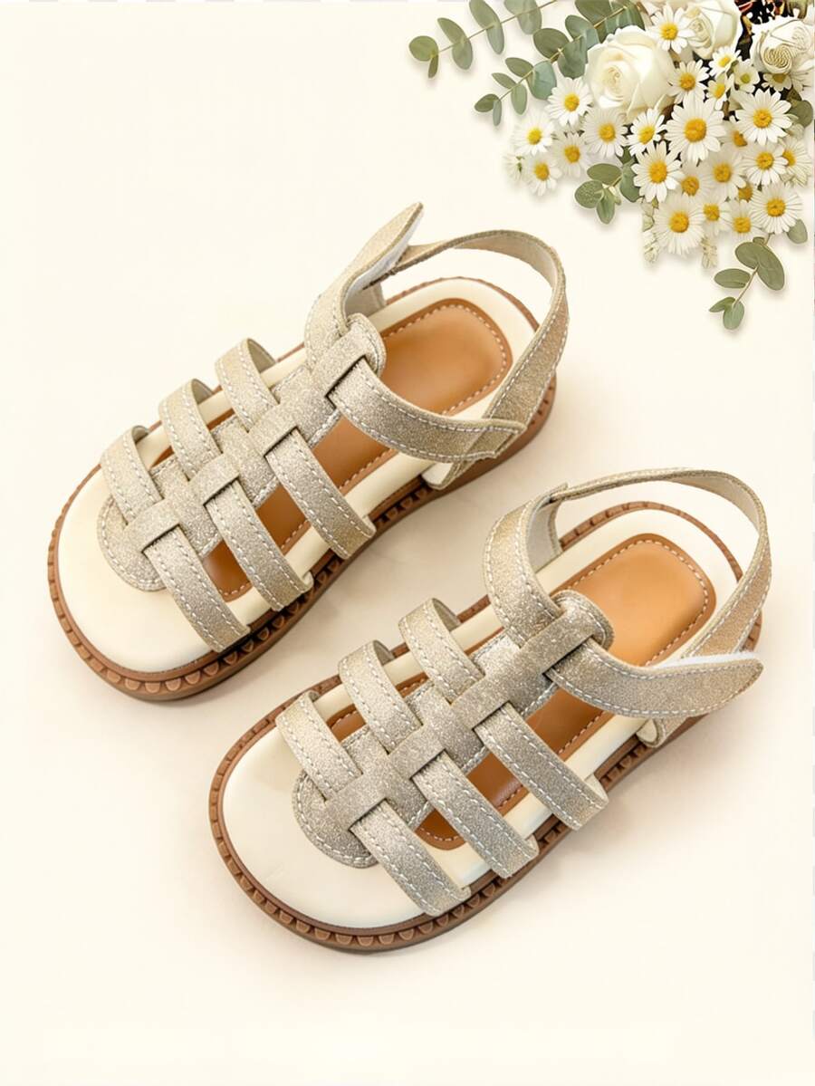 1双时尚儿童凉鞋，金色女童平底凉鞋，魔术设计，柔软防滑耐磨鞋底，适合宴会、聚会、派对、婚礼、度假等场合。 - 金色 - 查看 1