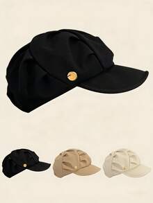 1pc Women's Adjustable Soft Fabric Elegant French Pleated Beret Hat, Newsboy Cap Style With Metal Buckle Decor, Versatile Accessory For Daily Wear, Spring And Autumn - Style 1 - View 10