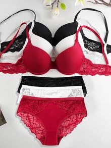 3-Piece Women's Comfortable Lingerie Set - Luxurious Lace Jacquard Push-Up Bra, High Support, Soft Breathable Fabric, Ultimate Comfort - Multicolor - View 3