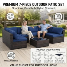 7 Piece Modern Rattan Furniture Set, Outdoor Combination Sofa Parlor Set With Cushions And Pillows - Màu xanh hải quân - Xem 9