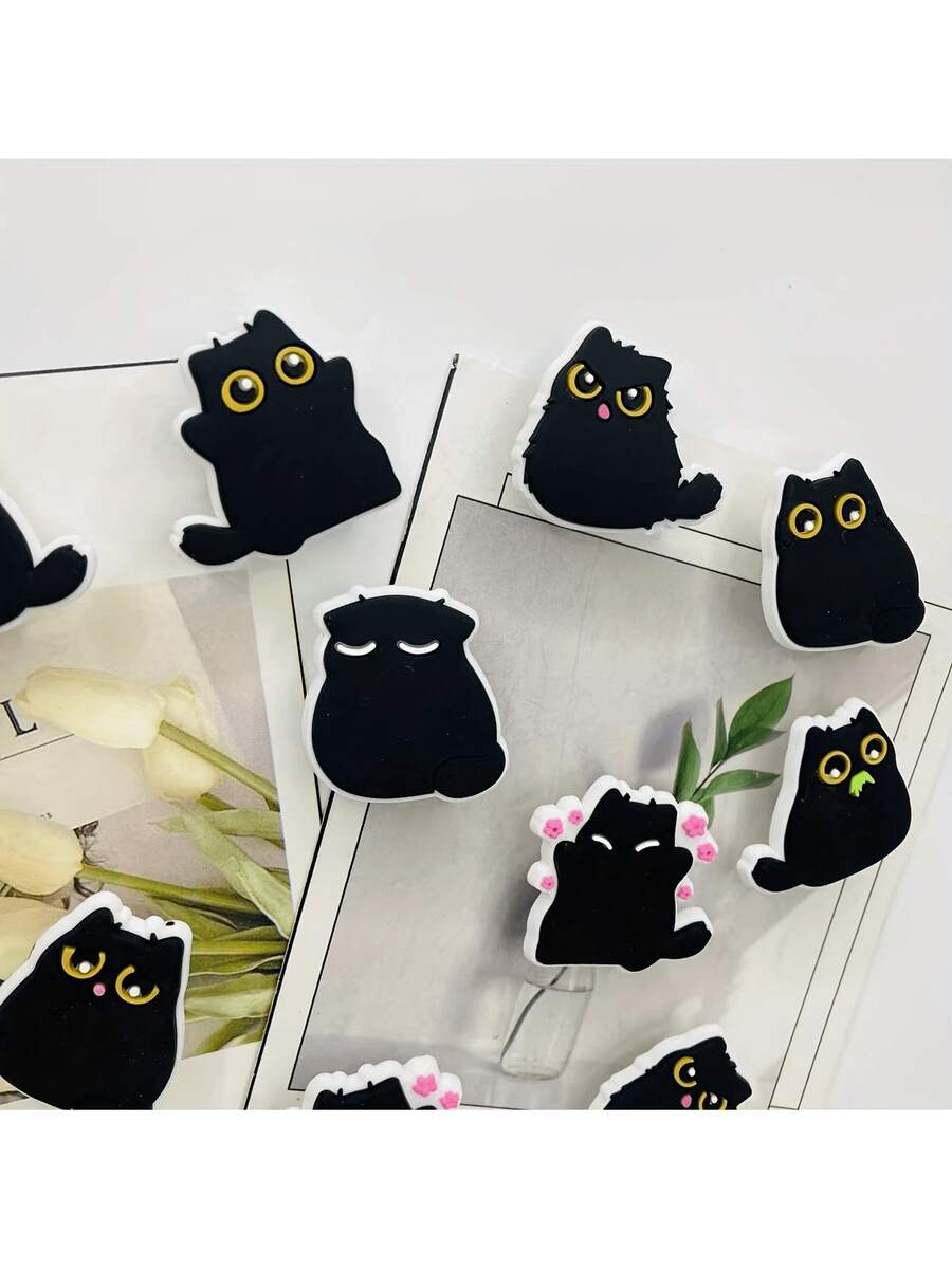 Random 4/10 Cute Black Cat Fridge Magnets Set, Decorative Soft Resin Black Cat, Multi-Functional Gift, Suitable For Kitchen And Office, Bag Accessories, DIY Accessories, Ideal For The Holidays - màu đen - Xem 1