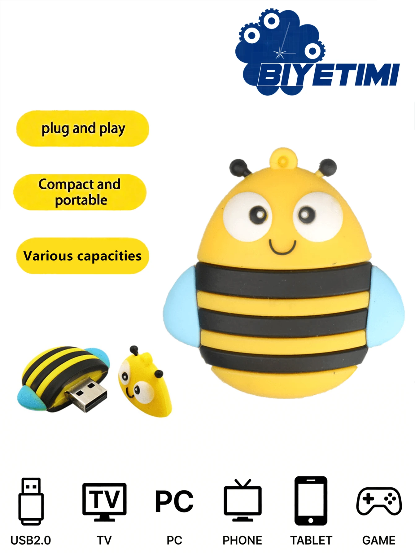 BIYETIMI 128GB Unidad de memoria USB, 64GB 2.0 Unidad de memoria USB con diseños de abeja, zorro y pingüino, 128GB Unidad de memoria USB, Memoria USB como regalo