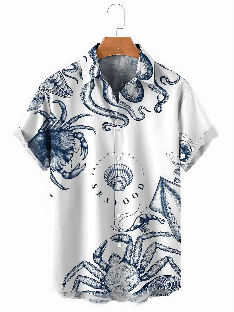 Summer Funny Hawaiian Shirts Men Clothes Street Retro Man Casual Short Sleeve Top Sea Marine Animals 3d Lapel Men's Shirt - A508D-AL23020 - 查看 1