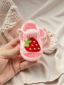 1 Pair Handmade Crochet Infant Sandals, White With Strawberry Pattern Decor, Soft Knitted Booties With Button - Baby Pink - View 2