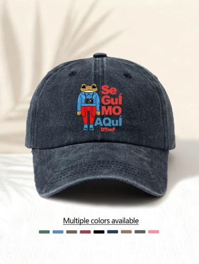 1pc Washed Baseball Cap With "Se Gui Mo AQUI DTMF Frog" Style Graphic Print, Fashion Casual Versatile , Unisex Essential Stylish Item, Suitable For All Seasons, Great Gift For Family And Friends