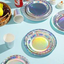 10件套一次性彩虹派对用品装饰全息纸托盘餐巾套装，彩虹纸托盘美人鱼生日婚礼用品装饰，夏季海滩派对，生日派对，节日派对用品 - 彩色 - 查看 9