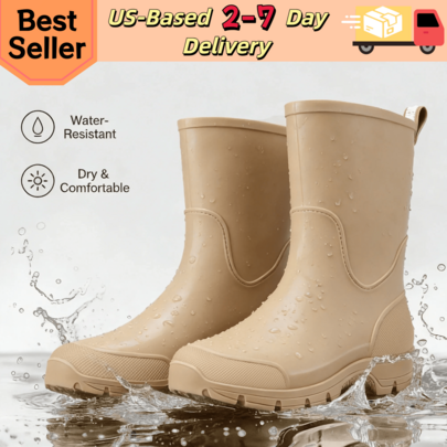 All Season Women's Beige Functional Working Rain Footwear, Waterproof Mid Calf Rain Boots, Non Slip Outdoor Work Shoes For Women, Durable Glossy Rubber Working Boots, Slip On Easy Wear Garden Rain Boots, Anti Slip Sole With Deep Treads For Wet Mud Rocks, Rainy Day Outdoor Working Boots, Gardening Farming Hiking Work Shoes, All Season Waterproof Work Boots, Minimalist Unisex Design Women's Rain Boots, Casual Daily Wear Work Footwear Pair With Casual Pants Workwear, Seamless Waterproof Structure, Multi Purpose Women's Working Functional Rain Boots