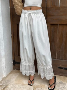 Women Vacation Lace Trim Wide Leg Cropped Pants Elastic Drawstring Waist Ruffle Hem Pants - White - View 2
