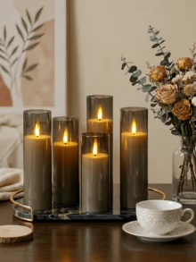 2/3/5/9pcs Battery Powered Flickering Flameless Candles, Battery Operated Candles With Remote Control And 2/4/6/8 Hour Timer, Acrylic LED Pillar Candles With Movable Wicks, Suitable For Holiday, Wedding, Gift, Fireplace, Home Decor (2.2" Dia X 5"/6"/7" H) - Grey - View 3
