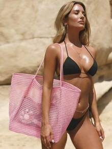 peach tree Bolso de malla plegable, bolso de mano casual para mujer, bolso de hombro plegable para picnic, impermeable, bolso de compras multifuncional de hombro, bolso de malla hueco, bolso de almacenamiento de baño, bolso de playa de malla grande y ligero, adecuado para viajes familiares, vacaciones, playa, camping y senderismo, bolso de vacaciones de verano - Rosa - Ver 9