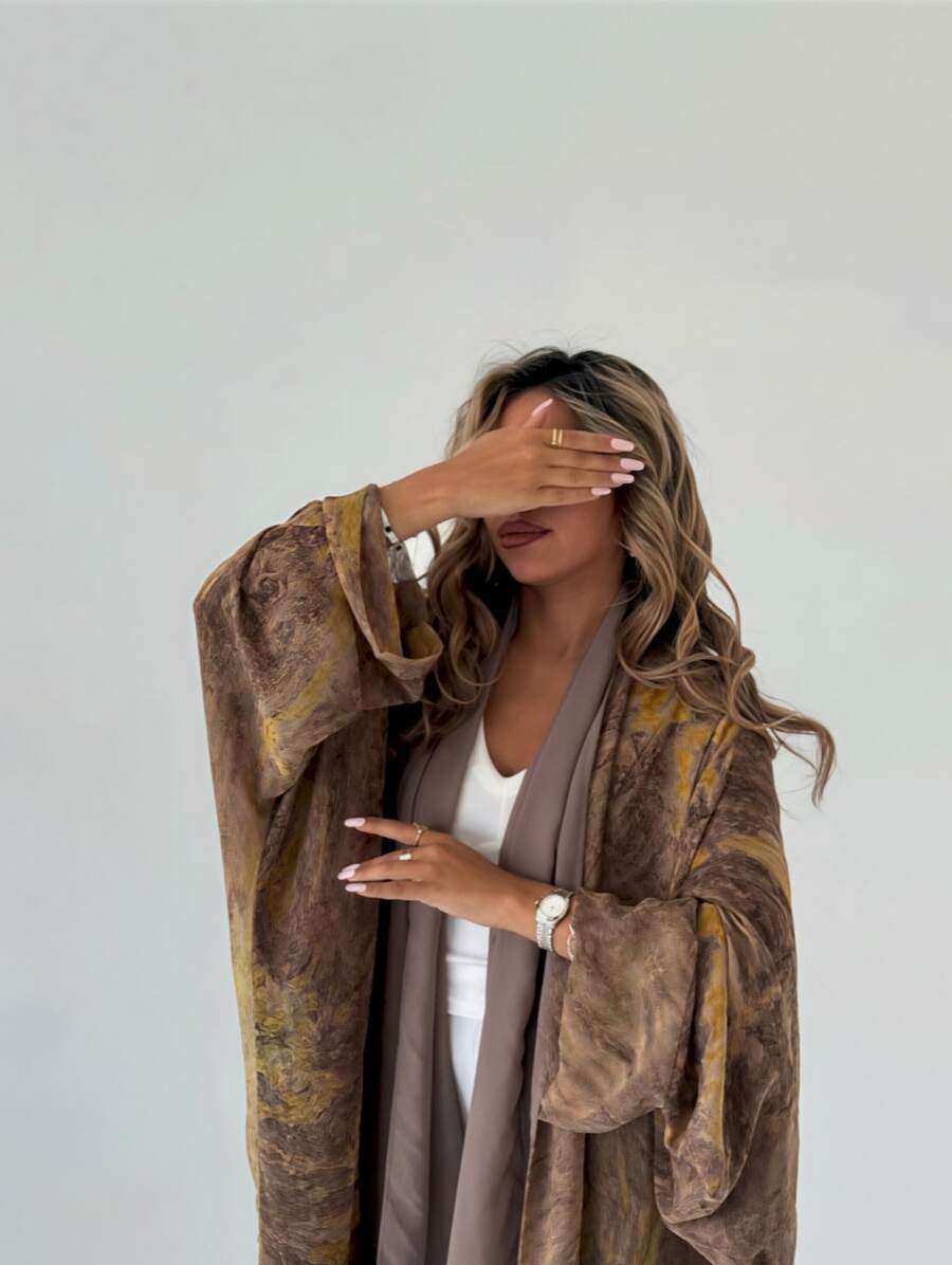 1 Women's Tie-Dye Long Cardigan With Subtle Marble Pattern, Printed Robe, Middle Eastern Arabian Dubai Bohemian Abaya Style, Multi-Color Patchwork, Elegant And Fashionable Cardigan Robe With Multi-Color Printed Pattern, Suitable For Everyday Life, Holidays And Parties. - 卡其色 - 查看 1