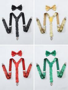 1set Sequin Suspender Bow Tie Set, Unisex Elastic Suspender Bow Tie Set - Multicolor - View 1