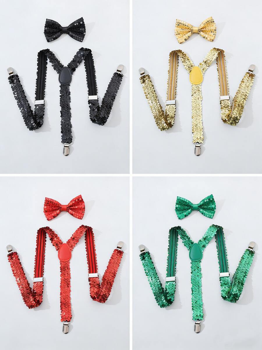 1set Sequin Suspender Bow Tie Set, Unisex Elastic Suspender Bow Tie Set - Multicolor - View 1
