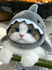 Mũ đội đầu hình cá mập nổi tiếng trên mạng với thiết kế thẻ đa năng, bộ mũ đội đầu biến hình bằng vải nhung siêu dễ thương, mũ đồ chơi cho thú cưng mèo và chó (1 chiếc). - Xám - Xem 7