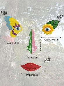 Quirky Face Art Garden Decor Set, Colorful Butterfly Sunflower Lips Resin Wall Decor, Outdoor Yard Tree Sculpture - Multiple Styles - View 3