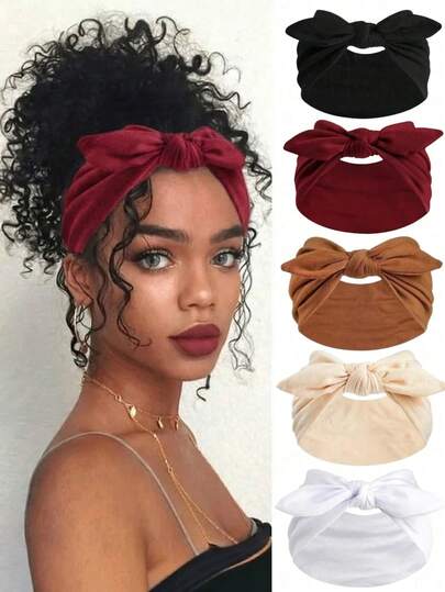 5条装蝴蝶结发带，女士/女孩适用，弹力头巾式发带，打结发箍，柔软弹性头巾，复古发饰，适合瑜伽、健身、化妆、运动、日常佩戴，夏季女士发带