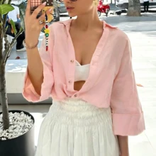 Blusa casual de mujer amarillo mantequilla de primavera/verano 2026, básica de solapa de un solo pecho de manga 3/4 estilo playa, elegante para el Día de San Valentín, Carnaval, fiesta de playa - Rosa - Ver 3
