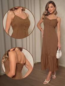 Elegant Women's Long Dress With Padded Cups, Lining, Adjustable Straps, And Front Buttons - 駝色 - 查看 1