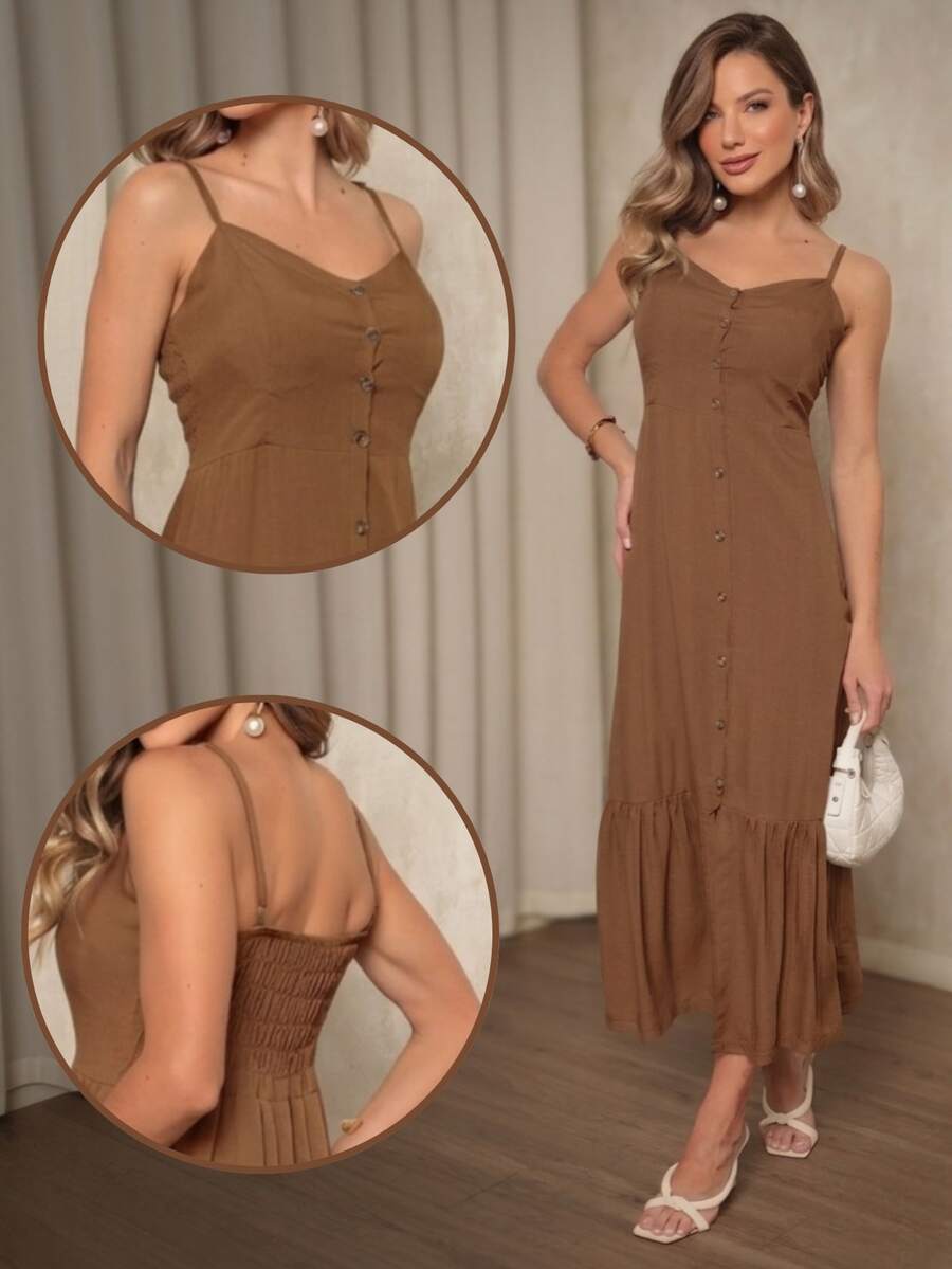 Elegant Women's Long Dress With Padded Cups, Lining, Adjustable Straps, And Front Buttons - 駝色 - 查看 1